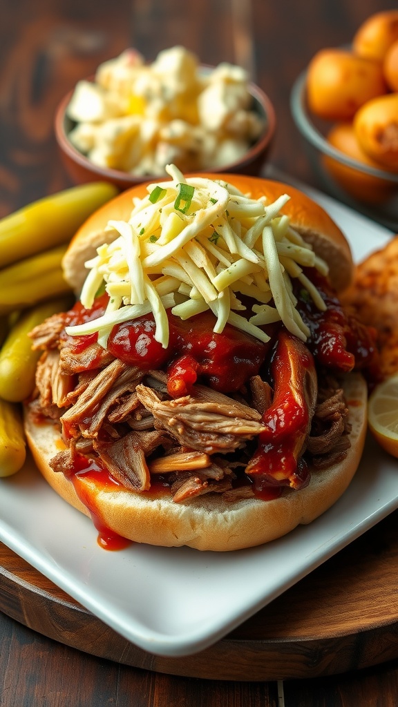 Pulled pork sandwich with coleslaw on a bun, surrounded by side dishes on a rustic table.